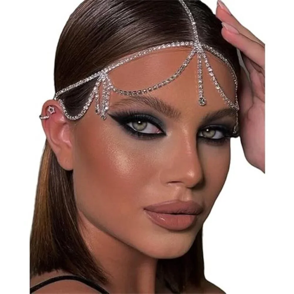 Festivals Bridal Layered Rhinestone Head Chain Headpiece Boho Tassel Forehead